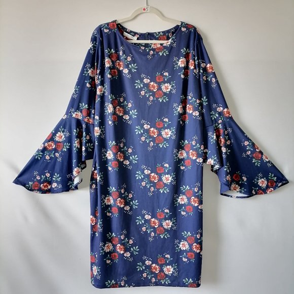 Haute Edition Womens Navy Blue Bell Sleeve Round Neck Floral Shift Dress Size 1X - Picture 1 of 10